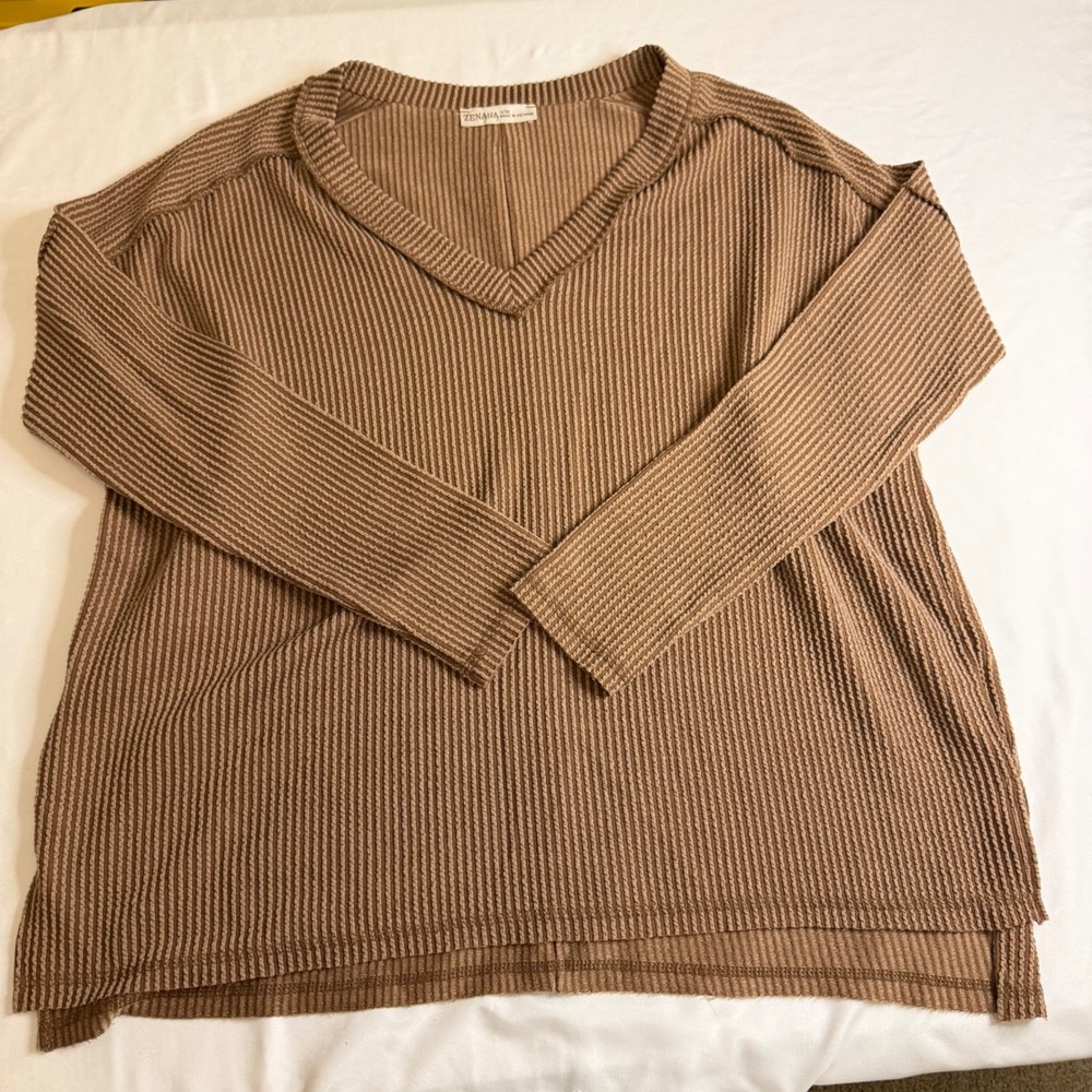 Zenana Womens Brown Ribbed V-Neck Long Sleeve Oversized Top Size S/M